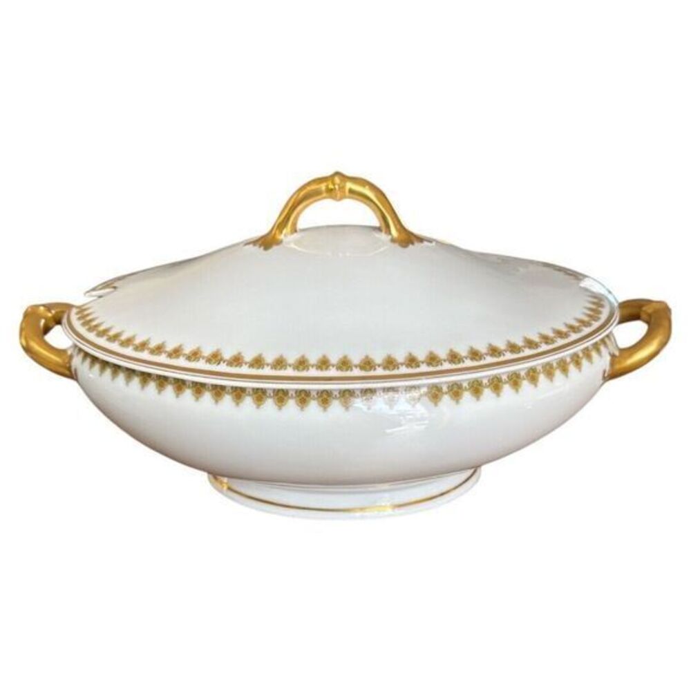 Haviland Limoges Antique Oval Tureen w Lid Serving Bowl‎ Gold Rim Green Vine